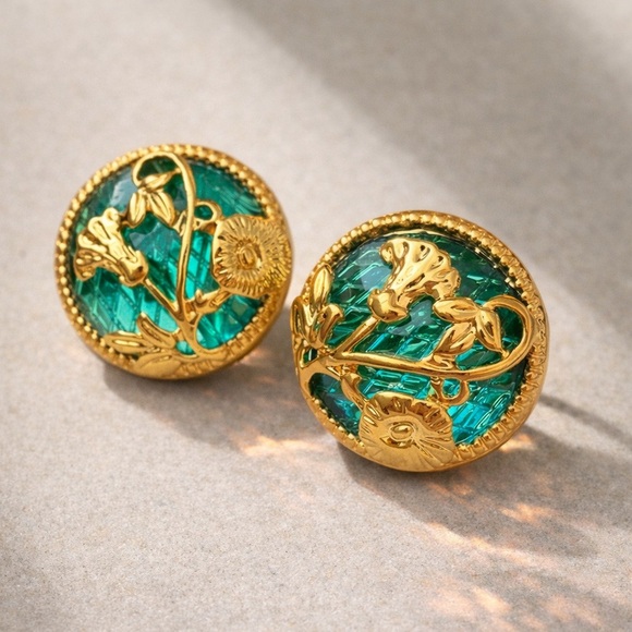 Anthropologie Jewelry - Emerald Green Round Earrings with Gold Floral Design